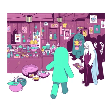 A teal figure resembling Hanako-kun is wandering through a vibrant market filled with spirits. The market is bustling with activity, showcasing a variety of unusual stalls. Each stall is adorned with unique items such as glowing trinkets and colorful potions, capturing the attention of various spirits around. Lanterns hang above the marketplace, illuminating the scene with a warm glow. Hanako-kun is attentively observing a stall that displays an array of intricate masks, while nearby, a spirit vendor is animatedly discussing their wares with a curious spirit.