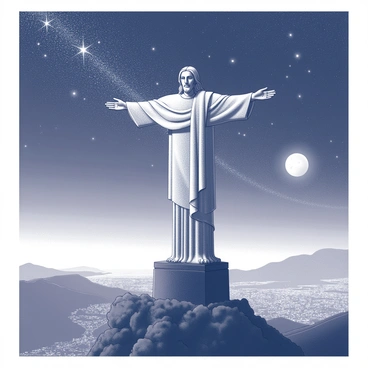 A large statue of "Christ the Redeemer" stands on a mountaintop. The statue is depicted with outstretched arms, facing forward. Below, the landscape is a mix of lush green hills and distant city lights. Above, a clear night sky is filled with "numerous stars" twinkling brightly, creating a stunning backdrop to the scene. The moon is visible, casting a soft glow over the statue and the surrounding area.