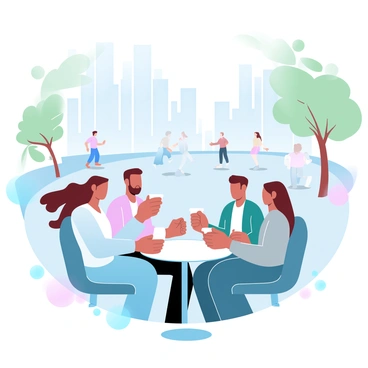 A group of people is sitting at a small round table, each one holding a cup of coffee. The individuals are dressed in casual outfits, with some wearing light jackets and others in t-shirts, indicating a pleasant day. In the background, there are trees with green leaves and several tall buildings showcasing a busy city life. A few pedestrians are walking past, some with shopping bags, while others are engaged in conversation. The atmosphere captures a vibrant outdoor cafe setting, with sunlight creating soft reflections on the coffee cups.