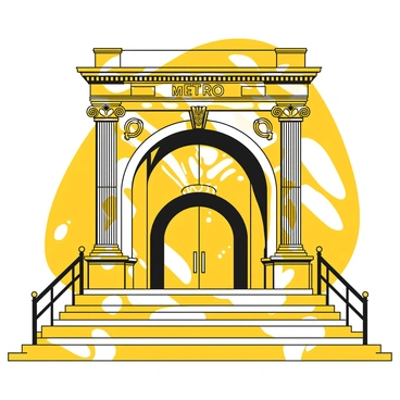 A grand entrance of a metro station featuring an arched doorway with ornate carvings and decorative motifs. The entrance is framed by tall columns, each adorned with intricate patterns. Above the doorway, a large sign displays the words "METRO" in bold letters, surrounded by embellishments. The steps leading up to the entrance are wide and inviting, with a railing on either side. Flanking the entrance are large glass panels that allow glimpses into the bustling station interior. The overall structure is imposing and elegantly designed, capturing the grandeur of urban architecture.