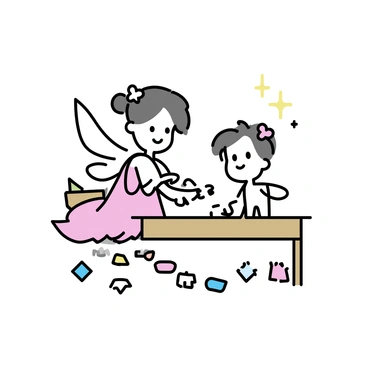 A small tooth fairy with delicate wings is sitting at a wooden workbench. She is carefully crafting a necklace from several tiny white teeth, weaving them together with shimmering threads. Nearby, colorful sparkling gems are scattered across the table, glistening in the soft light. The tooth fairy is wearing a flowing dress made of leaves, and her hair is adorned with tiny flowers. The atmosphere is filled with a sense of focus as she concentrates on her intricate jewelry-making.