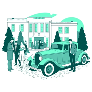 A teal 1920s vintage car is parked on a cobblestone driveway in front of a large white grand estate. The estate features tall, elegant windows and ornate architectural details. In the foreground, several guests dressed in 1920s fashion are arriving, with men in suits and bow ties, and women in flapper dresses adorned with beads and feathers. Some guests are holding small clutches and wearing stylish hats, while others are chatting animatedly, creating a lively atmosphere near the entrance of the estate. The sky is clear, and the scene is set in a beautiful garden with manicured hedges surrounding the estate.