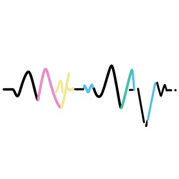 A minimalistic drawing featuring a series of lines in different colors. Each line varies in thickness and shape, representing distinct heart rates. The lines flow smoothly across the canvas, intersecting at various points. Some lines are vibrant red, while others are calming blue, and additional shades of green and yellow are present. The arrangement of lines creates a rhythmic pattern, simulating the fluctuations of a heartbeat. Each color transition is clear and precise, emphasizing the differences in heart rates.