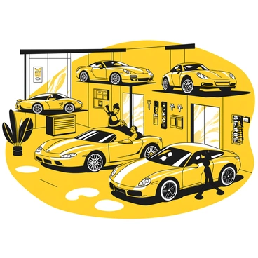 A spacious workshop garage filled with various sports cars in different stages of tuning and repair. Several cars are lifted on hydraulic platforms, showcasing their undercarriages. Tools are neatly organized on walls, with wrenches, screwdrivers, and various equipment hanging in clear view. A mechanic is seen working under the hood of a bright yellow sports car, focused and attentive. Shelves are stocked with car parts, including exhaust systems and performance upgrades. The floor is marked with oil stains, and large windows allow natural light to illuminate the space, highlighting the shiny surfaces of the vehicles.