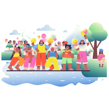 A group of people is gathered along a riverbank, joyfully splashing colored water at each other during Holi festivities. The scene is vibrant with individuals wearing traditional attire in various bright colors. Some are holding water balloons filled with hues of pink, yellow, and blue. Their faces are painted in different colors, expressing laughter and excitement. The river flows gently beside them, reflecting the colorful splashes. In the background, there are trees and additional celebrants joining in the fun, creating a festive atmosphere filled with joy and celebration.