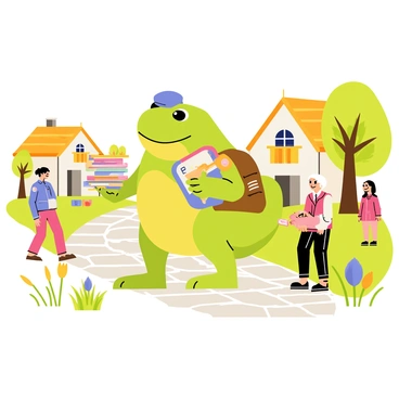 A green toad wearing a brown mail carrier's satchel and a tiny blue cap is standing on a cobblestone path. The toad is holding a stack of colorful letters in its webbed hands. Surrounding the toad is a quaint village scene, with small, charming houses featuring thatched roofs and flower boxes beneath the windows. Trees with bright green leaves are scattered throughout the village, and a few curious villagers, including an elderly woman and a child, watch the toad as it prepares to deliver the letters. Colorful flowers bloom along the path, adding vibrancy to the scene.