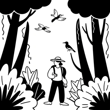 A hiker wearing a wide-brimmed hat and a backpack walking along a narrow path through a dense rainforest. Tall trees with thick trunks and broad leaves surround the hiker, creating a sense of enclosure. Vines hang down from the branches, and large ferns are scattered along the ground. Above, several exotic birds with distinct shapes and patterns are in flight, their wings outstretched against the foliage. Sunlight filters through the canopy, casting dappled shadows on the trail.