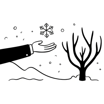 A hand reaching out to catch a delicate snowflake, with intricate patterns visible on the snowflake's surface. The background features a blanket of snow covering the ground, with leafless trees partially silhouetted against the sky. Light flurries of snow are falling, creating an atmosphere of winter. The hand is positioned just below the falling snowflake, emphasizing the moment of capture.