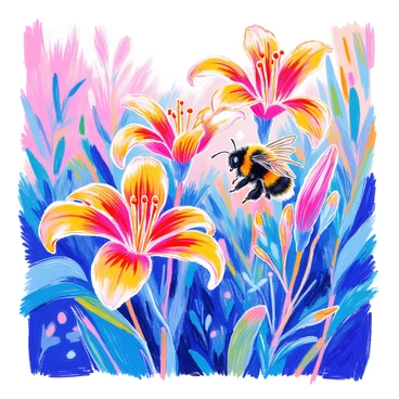 A bumblebee with fuzzy black and yellow stripes is buzzing around a vibrant cluster of tiger lilies. The tiger lilies have bright orange petals with dark spots, standing tall amidst lush green foliage. The bumblebee hovers near a flower, its delicate wings shimmering in the light. The scene captures the intricate details of the flower's structure and the bee's fuzzy body as they interact in a lively garden setting.