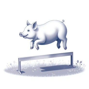 A pig with a plump body and short legs is leaping enthusiastically over a small hurdle. The pig is captured mid-air, with its ears perked up and a joyful expression on its face. Below, a grassy field spreads out, dotted with patches of wildflowers. The sunlight creates soft shadows on the ground, highlighting the details of the pig's skin and the texture of the hurdle. In the background, there are a few distant trees, completing the scene of an idyllic, sunny day.