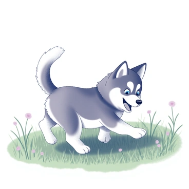 A fluffy husky puppy with grey and white fur is energetically chasing its own tail. The puppy has bright blue eyes and large perky ears, expressing excitement and playfulness. Surrounding the puppy is a vast green meadow filled with tall grass gently swaying in the breeze. In the background, there are a few scattered wildflowers adding detail to the scene. The sky above is clear, providing a sense of openness and freedom as the puppy joyfully spins in circles.