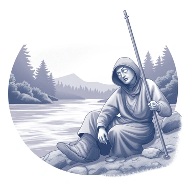 A weary pilgrim resting by the side of a serene river