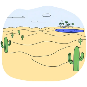 A vast desert landscape with rolling sand dunes that create gentle waves on the surface. Scattered throughout the scene are several tall, green cacti with distinct shapes, some with arm-like branches extending upward. In the background, a distant oasis is visible, featuring a small cluster of palm trees surrounding a shimmering blue pool of water. The sky above is clear with a few wispy clouds, contrasting with the warm tones of the sand.