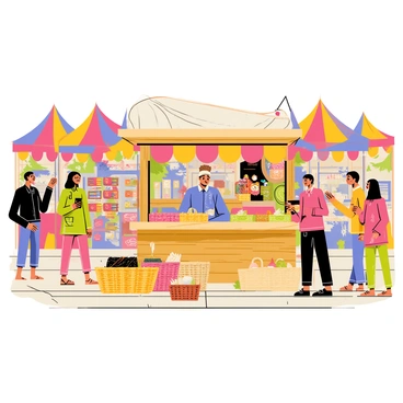 A lively village market filled with colorful tents and bustling activity. In the foreground, a wooden stall is displayed prominently, showcasing an array of handcrafted baluchons, each featuring vibrant patterns and textures. The merchant stands behind the stall, smiling and engaging with customers. Surrounding the stall, villagers are browsing, examining goods, and chatting with one another, adding to the lively atmosphere of the market. Various baskets and goods are scattered around the area, enhancing the scene of a vibrant marketplace.