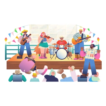 A live western band is performing on a wooden stage at a rodeo. The band consists of four musicians: a male singer with a cowboy hat and a plaid shirt, a female fiddle player wearing a denim vest and a fringed skirt, a guitarist with sunglasses and a bandana, and a drummer with a beard and a western-style shirt. Colorful lights illuminate the stage, creating a festive atmosphere. In the audience, people are gathered, some wearing cowboy hats and boots, energetically dancing to the lively music. A rodeo arena with riders on bucking broncos can be seen in the background. Banners and decorations add to the vibrant rodeo theme.
