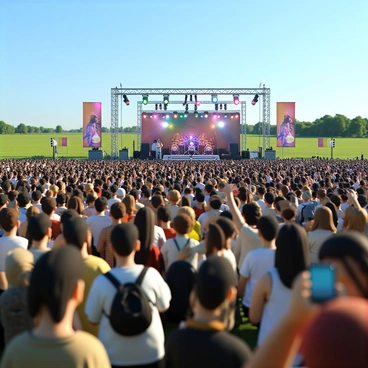 A large crowd of diverse individuals, including people of different ages and ethnicities, is gathered in a green field. The crowd is facing an outdoor stage where several musicians are performing. The musicians consist of a male guitarist with long hair, a female vocalist wearing a bright outfit, and a drummer in the background. Colorful lights illuminate the stage, creating a vibrant atmosphere. Some people in the crowd are dancing, while others are holding up their phones to capture the moment. A few flags and banners are visible, adding to the festive environment. The sky is clear and blue, indicating a sunny day.