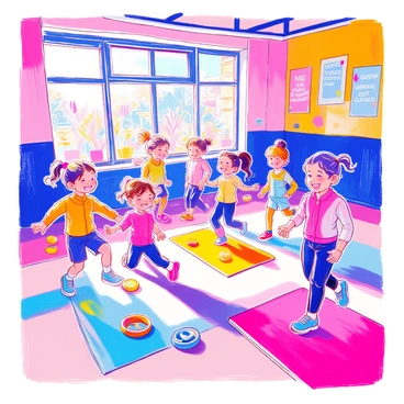 A colorful kids' fitness class is taking place in a bright gym. Several children are actively engaged in various exercises, including jumping jacks, stretching, and running in place. They are wearing vibrant athletic clothing in different colors, such as blue, pink, and yellow. Colorful mats are spread across the floor, and playful exercise equipment like small weights and hula hoops are scattered around. The atmosphere is lively and energetic, with some children laughing and encouraging each other as they participate in the fun activities. Bright banners with motivational phrases are hanging on the walls.