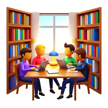 A small group of three students sitting at a wooden table in a quiet library corner. One student has a laptop open in front of them, while another is holding a notebook and a pen. The third student is leaning forward, attentively listening. Bookshelves filled with various books surround them, and a warm light shines from a nearby lamp. A window can be seen in the background, with soft natural light filtering through the curtains.