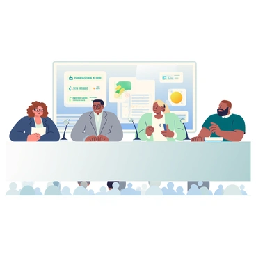 A panel of five people is seated at a long rectangular table, each with a microphone in front of them. The first panelist on the left is a woman with curly brown hair wearing a navy blazer, passionately speaking about green energy solutions. Next to her is a man with short black hair in a gray suit, nodding thoughtfully. The third panelist is an elderly man with glasses and a light blue shirt, presenting a graph showing energy statistics. To his right, a young woman with straight blonde hair and a white blouse is taking notes on a notepad. The last panelist, a man with a beard and a dark green sweater, raises his hand to contribute to the discussion about fracking. In the background, there’s a large screen displaying infographics related to environmental impact. The audience is visible, attentive to the ongoing debate.