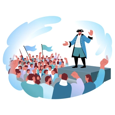 A historical revolutionary stands on a raised platform, addressing a large crowd. The revolutionary is dressed in period-appropriate attire, featuring a long coat and a tricorn hat. He gestures energetically with one hand while holding a scroll in the other. The crowd is diverse, with men and women of various ages and backgrounds, all facing the speaker. Some individuals hold flags and banners, while others raise their fists in support. The scene is filled with a sense of urgency and energy as sunlight filters through the trees surrounding the gathering, casting soft shadows on the ground.
