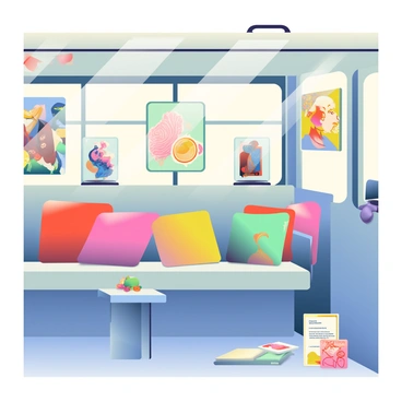 The interior of a bus is transformed into a mobile art gallery. The walls are adorned with various artworks, including vibrant paintings and intricate sculptures. There are display stands made of clear acrylic showcasing smaller pieces of art, and a few colorful cushions are placed on the benches for seating. The lighting inside the bus is warm and inviting, spotlighting the artworks and creating a cozy atmosphere. A large window allows natural light to filter in, illuminating the space. In one corner, there is a small table with a visitor's book and a selection of promotional materials about the artists featured in the gallery.