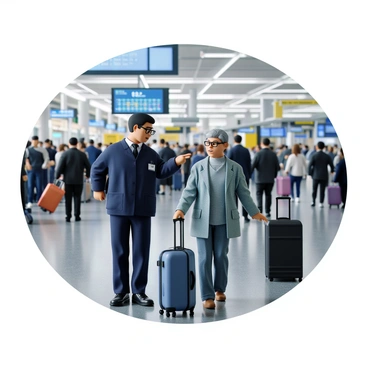An airport staff member with short black hair, wearing a navy blue uniform and a name tag, is helping an elderly traveler. The elderly traveler has gray hair and is wearing glasses, dressed in a light blue coat and carrying a small suitcase. The staff member is pointing towards a digital information display board in the distance. The busy airport terminal is filled with travelers in the background, with signs and luggage carts visible. The atmosphere is bustling with activity as people move about, some waiting in line and others checking their departure gates.