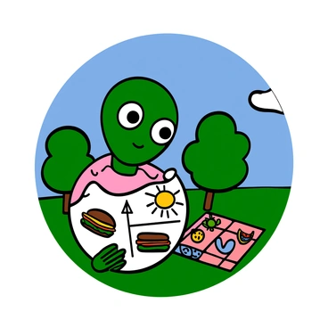 A small green alien with big eyes and a round head is holding a colorful invitation card in its three-fingered hand. The alien has a curious expression on its face as it tilts its head slightly to the side, examining the card closely. The invitation features vibrant illustrations of food items like sandwiches and fruits, along with a bright sun and a picnic blanket. The background shows a lush green park with trees and a clear blue sky, hinting at a sunny day on Earth.