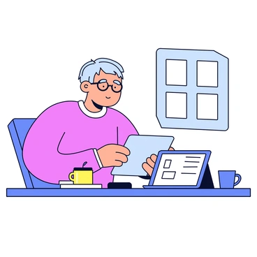 A designer sitting at a modern desk, focused on crafting a sleek and minimalist vector illustration. The designer has short hair and is wearing glasses, with a tablet placed in front of them displaying a simple, elegant design. The software interface on the screen showcases clean lines and geometric shapes. The workspace includes a few art supplies and a cup of coffee, with a bright window in the background letting in natural light.