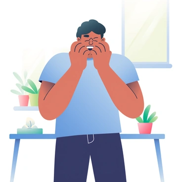 A person with light brown skin and short black hair is standing in a bright room, their face contorted in a wince just before a sneeze. They are wearing a blue t-shirt and dark jeans. Their eyes are squeezed shut, and their mouth is open slightly, preparing to unleash the sneeze. The background includes a few potted plants and a window letting in soft, natural light. A tissue box is visible on a nearby table, hinting at their upcoming action.