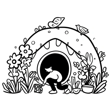 A hobbit hole with a round wooden door and a thatched roof, nestled into a green hill. The entrance is surrounded by an array of blooming flowers with detailed petals and leaves, exhibiting different shapes and sizes. A hobbit is kneeling in the soil, tending to the garden, with various gardening tools scattered nearby. Birds are perched on the roof and in the nearby flowers, shown in mid-flight or standing still, with clearly defined wings and feathers. Sunlight casts shadows around the scene, highlighting the textures of the earth and the plants.