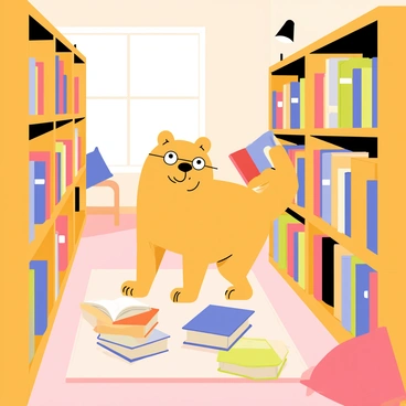 A fluffy chow chow wearing round glasses is standing on its hind legs, reaching for a book on a wooden shelf. The small library features a warm color palette with wooden bookshelves filled with various books. Cozy reading nooks are arranged throughout the space, featuring soft cushions and small lamps illuminating the corners. Several stacks of books are scattered on a soft rug, and a few open books lie on a small round table nearby. A window allows soft light to filter in, enhancing the inviting atmosphere.