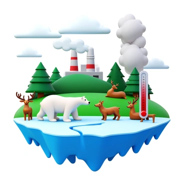 An impactful illustration depicting the effects of climate change on wildlife. "A polar bear" stands on a shrinking ice cap, with visible cracks in the ice beneath its feet. "A forest" in the background shows trees losing their leaves, and "smoke" billowing from factories nearby indicates high CO2 levels. "Various animals" such as deer and birds are shown looking distressed, with some seeking shelter. "A thermometer" reads high temperatures, emphasizing the rising heat. "Dark clouds" fill the sky, hinting at severe weather changes approaching.