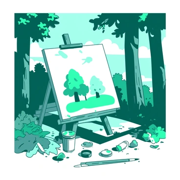 A duotone scene features a white canvas set up on an easel, surrounded by tall trees and lush greenery. The canvas displays an unfinished nature-inspired art piece, with vibrant strokes of teal depicting trees and flowers. Various art supplies, including brushes and paint tubes, are scattered on the ground nearby. Sunlight filters through the leaves, casting dappled shadows on the canvas, creating a harmonious atmosphere of creativity in the forest.
