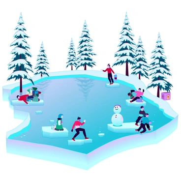 A large, frozen lake surrounded by tall, snow-covered pine trees. The ice glistens in the sunlight, reflecting shades of blue and white. Several people, dressed in colorful winter clothing, are seen slipping and sliding on the smooth surface of the ice. Some are playfully tumbling while others are attempting to maintain their balance, arms flailing. A group of children is building a snowman at the edge of the lake, while a couple of adults enjoy hot drinks from thermoses nearby. Snowflakes gently fall from the gray sky, creating a serene winter atmosphere.