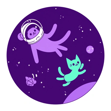 A purple cat is floating in space, wearing a shiny silver astronaut helmet. Its body is surrounded by a field of stars and distant celestial bodies. Another teal cat drifts nearby, also equipped with a sparkling helmet, while playfully reaching out towards a floating piece of space debris. The vastness of space is depicted with twinkling stars scattered throughout the dark background, creating a sense of limitless exploration.