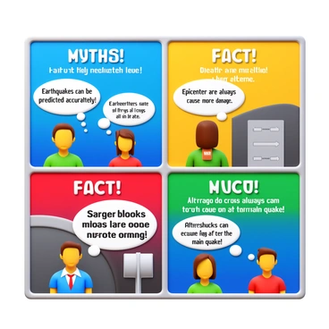 A comic strip that contrasts "myths" and "facts" about earthquakes. The first panel shows a character saying, "Earthquakes can be predicted accurately," with a thought bubble displaying "Myth!" beside an earthquake symbol. The second panel features a character explaining, "Epicenters are always at the surface," with a bubble that states "Fact!" alongside a diagram indicating the depth of an epicenter. The third panel shows a character proclaiming, "Larger earthquakes always cause more damage," with a "Myth!" bubble. The fourth panel presents a character stating, "Aftershocks can occur long after the main quake," with a "Fact!" bubble and an illustration of a timeline. Each panel is vibrant with colorful backgrounds and distinct facial expressions highlighting the contrast between myths and facts.