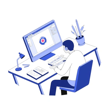 A graphic designer is seated at a modern desk, focused on creating a new logo design on a computer screen. The computer displays a detailed design interface, with various design tools and a colorful logo draft visible. The designer is surrounded by sketchbooks filled with preliminary ideas, along with a set of markers and pencils neatly arranged on one side of the desk. A potted plant sits nearby, adding a touch of greenery to the workspace. The designer is wearing headphones, deeply engaged in the creative process. A small lamp illuminates the desk, casting soft light on the workspace.