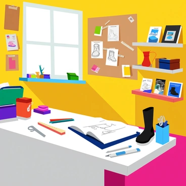 A creative studio filled with various sketches of motorcycle boots pinned to a corkboard. The room features a large drafting table covered with tools such as rulers, scissors, and swatches of leather in different colors. There are shelves lined with design books and magazines about motorcycle gear. A sketchpad rests open on the table, displaying a detailed design for a boot. A window allows natural light to flood in, illuminating the workspace and casting soft shadows on the floor.