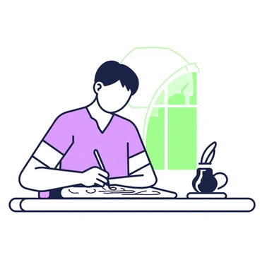 A calligrapher is seated at a wooden desk, focused on writing with a quill. The calligrapher has neatly styled hair and is dressed in a simple tunic. They hold the quill delicately in their right hand, creating elegant, flowing letters on a piece of parchment laid flat on the desk. The parchment is slightly aged, with subtle textures visible on its surface. To the side, an inkpot sits within easy reach, reflecting a soft sheen. The light from a nearby window casts gentle shadows, enhancing the atmosphere of concentration and artistry.