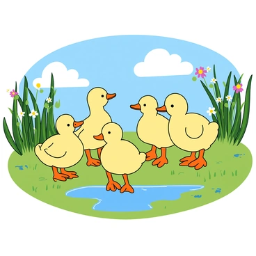 A group of four small ducklings, each with soft yellow down feathers and round bodies, are gathered together on the grassy bank of a pond. The ducklings are facing each other, their little beaks open as if they are singing in unison. Each duckling has a slightly different pose; one is standing tall, another is crouching slightly, while the third is flapping its tiny wings. The pond behind them reflects the blue sky and fluffy white clouds. Green reeds and colorful wildflowers frame the scene, adding pops of color around the ducklings. The sunlight casts gentle shadows, creating a lively atmosphere.