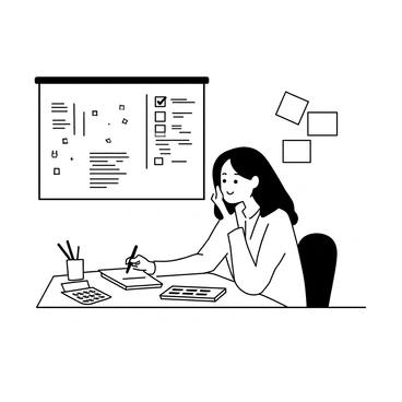 A person sitting at a wooden desk covered with financial documents and a checklist. They are wearing business casual attire, with a focused expression on their face. Their right hand is holding a pen, poised to check off items on the checklist. A calculator and a cup of pens are placed next to them. The background features a wall with a bulletin board filled with notes and reminders. The atmosphere conveys a sense of organization and readiness for action.