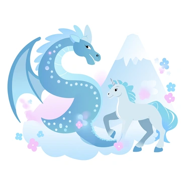 A majestic dragon with shimmering scales, wrapping around a stylized mountain peak. The dragon's wings are spread wide, showcasing intricate patterns in a gradient of pastel colors. Nearby, a graceful unicorn stands with its mane flowing, surrounded by delicate flowers and swirling clouds. Both creatures share the scene, embodying a sense of enchantment and wonder.