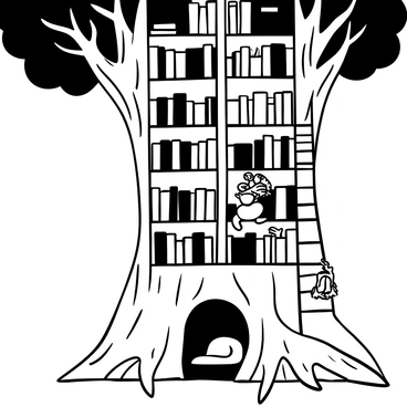 A large tree forms the structure of a library, with numerous bookshelves carved into its trunk and branches. The interior is filled with an assortment of books, some stacked, others lined neatly on the shelves. A toad is seen perched on a ladder, reaching for a book on a higher shelf. Soft light filters through the leaves, casting gentle shadows on the wooden floor made of tree bark. A small reading nook with a comfy cushion is nestled between two large roots, surrounded by more books.