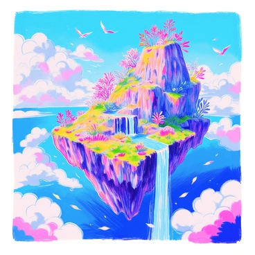 A series of floating islands hover majestically in a bright blue sky. Each island is covered in lush green vegetation, with vibrant flowers dotting the landscape. Waterfalls cascade off the edges of the islands, glimmering in the sunlight as they plunge down into the clouds below. The islands vary in size and shape, some being rocky and steep, while others have gentle slopes. Fluffy white clouds surround the islands, creating a dreamlike atmosphere. A few birds can be seen soaring gracefully around the islands.