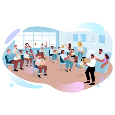 A classroom is filled with various brass instruments, including trumpets, trombones, and tubas. Several students are sitting in chairs, each holding an instrument, preparing to play. A music stand is in front of each student, displaying sheet music. The room has wooden floors and large windows, allowing natural light to fill the space. There are music posters adorning the walls, adding color and interest. A teacher is standing at the front, holding a baton and ready to conduct the practice session.