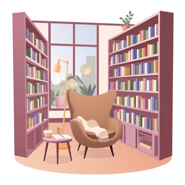 A quaint bookstore interior featuring towering wooden shelves filled with an assortment of colorful books. The shelves are neatly arranged, with books of various sizes and genres, some leaning slightly to add to the charm. In one corner, there is a cozy reading nook that includes a plush armchair upholstered in a warm fabric, a soft, knitted blanket draped over its arm, and a small wooden side table with a steaming cup of tea on it. A floor lamp with a soft yellow glow stands next to the chair, illuminating the space. The floor is made of polished hardwood, and a large window allows natural light to filter in, casting gentle shadows across the room. A few potted plants are placed on the shelves, adding a touch of greenery to the environment.