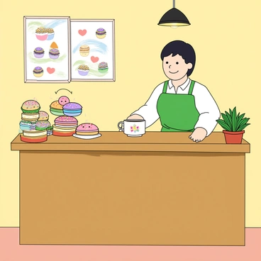 A cozy cafe corner featuring a wooden counter with an array of kawaii pastries, including colorful cupcakes with cute faces and smiling macarons stacked on a small plate. The pastries are decorated with icing and sprinkles, showcasing vibrant pastel colors. Behind the counter stands a smiling barista with light skin and short black hair, wearing a cute green apron. The barista is holding a white coffee cup with a cheerful design and is surrounded by small potted plants on the counter. The walls are adorned with cheerful, colorful artwork, and a warm glow emanates from a hanging lamp above the scene.