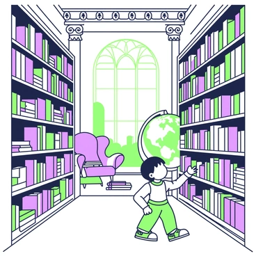 A child with short hair is exploring a grand library filled with towering bookshelves. The shelves are packed with numerous books of various sizes and colors, reaching up towards a high ceiling adorned with intricate detailing. The child is wearing a bright outfit and has an expression of wonder as they navigate through the aisles. In the background, there are hidden nooks with comfortable reading chairs and small tables. A large globe stands near one of the corners, and a warm light filters in from a tall window, illuminating the dust particles in the air.