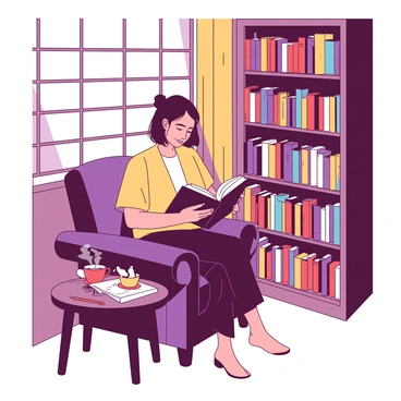 An author is sitting comfortably in a cozy armchair in their personal home library. They are deeply absorbed in a book held in their hands. Surrounding the author are tall shelves filled with an array of colorful books, some stacked horizontally and others vertically. A small wooden table beside the armchair holds a steaming cup of tea and a notepad with a pen resting on top. Soft, warm light filters through a nearby window, illuminating the spines of the books and creating a peaceful atmosphere in the room.