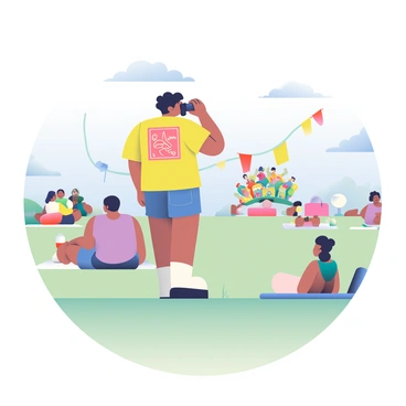 A festival-goer with light brown skin is standing on a grassy hillside, using a pair of black binoculars to watch a colorful parade in the distance. They have short black hair and are wearing a bright yellow t-shirt with a graphic design, along with denim shorts. Their left hand is raised, holding the binoculars to their eyes, while their right hand rests at their side. Surrounding the festival-goer are other people enjoying the festival, some sitting on picnic blankets and others standing, all facing the parade. The sky above is clear with a few fluffy white clouds, and colorful banners are visible in the background, fluttering in the gentle breeze.